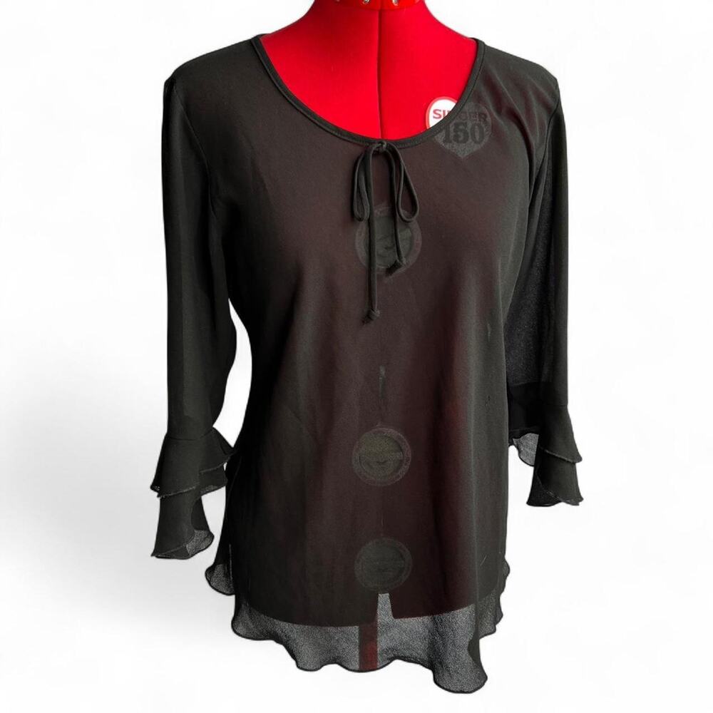 Whimsygoth Black Mesh Sheer Blouse With Ruffled Lettuce Hem & Sleeves